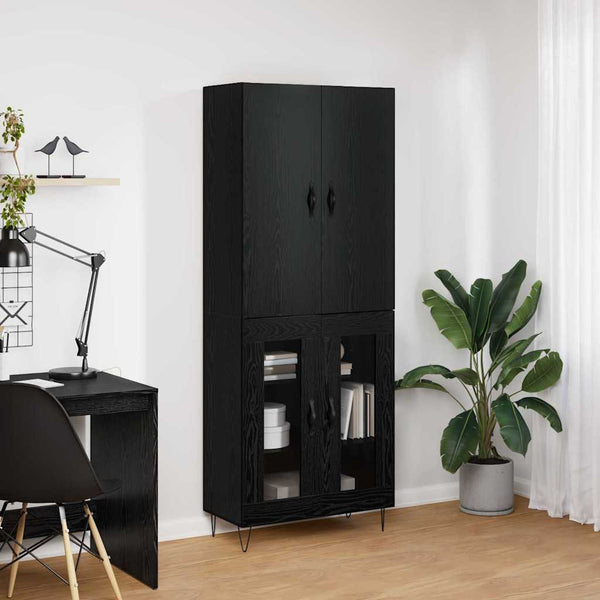 Highboard Schwarz Eichenoptik mit Glas, 2er-Set