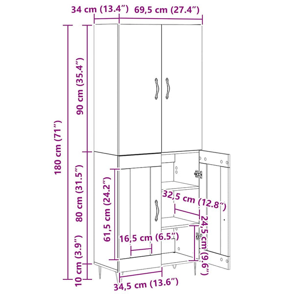 Highboard Schwarz Eichenoptik mit Glas, 2er-Set