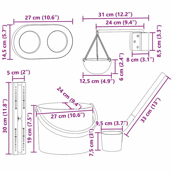 Sauna Zubehör Set, 5-teilig, Schwarz
