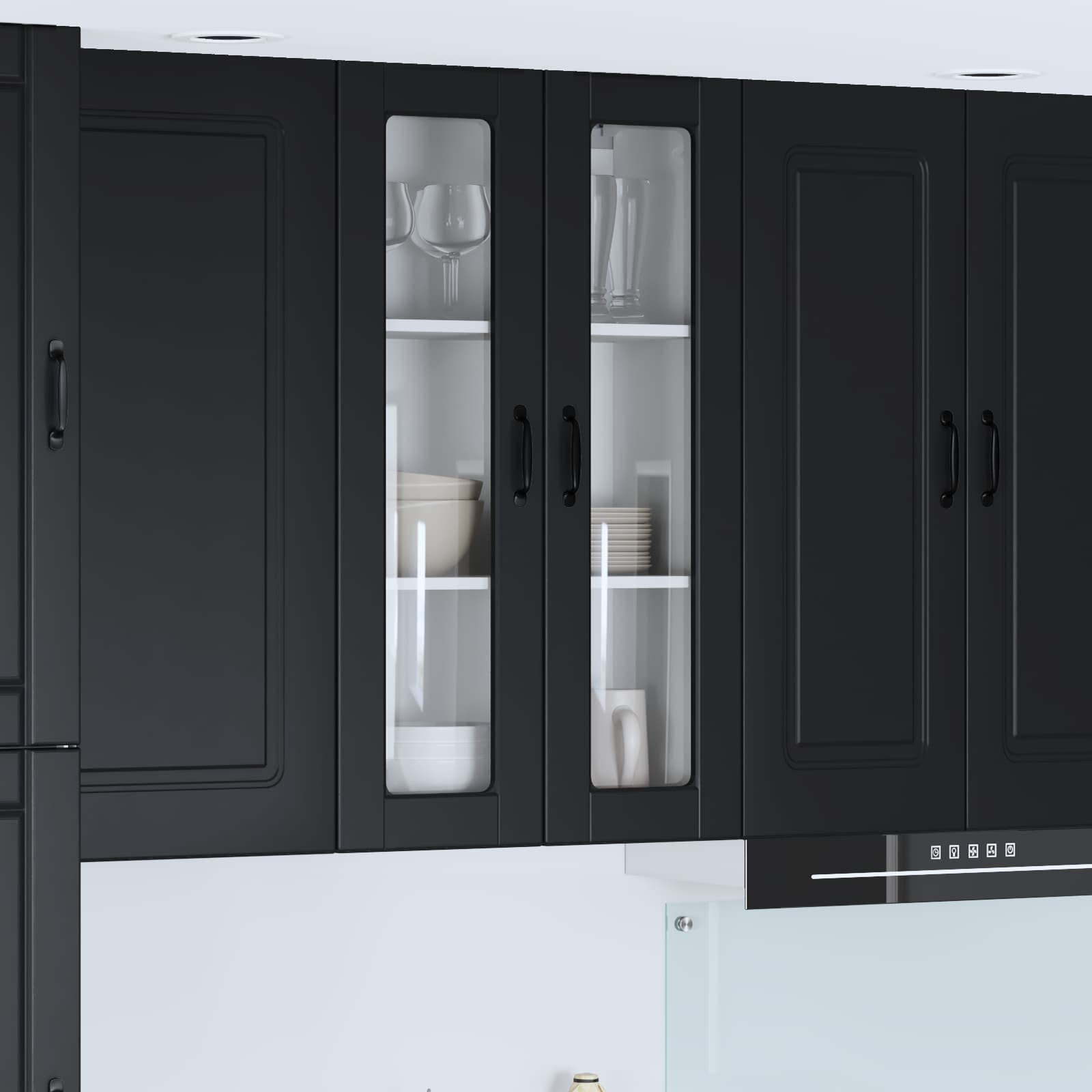 Schwarzer Küchenschrank mit Regal