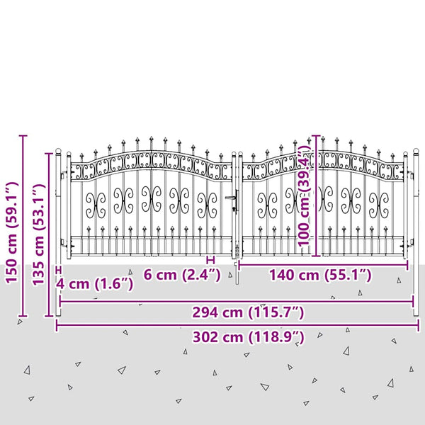 Graues Stahl-Zauntor mit Speer-Top 305x100 cm