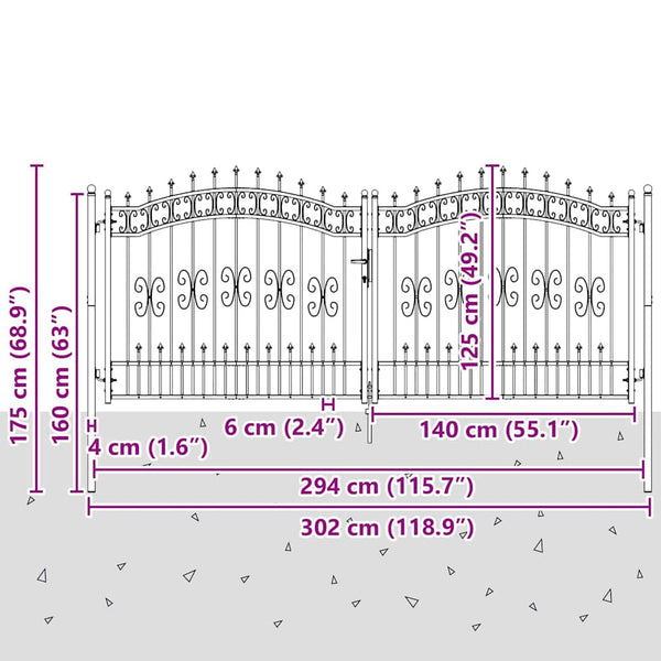 Graues Stahl-Zauntor 305x125cm mit Speer-Top