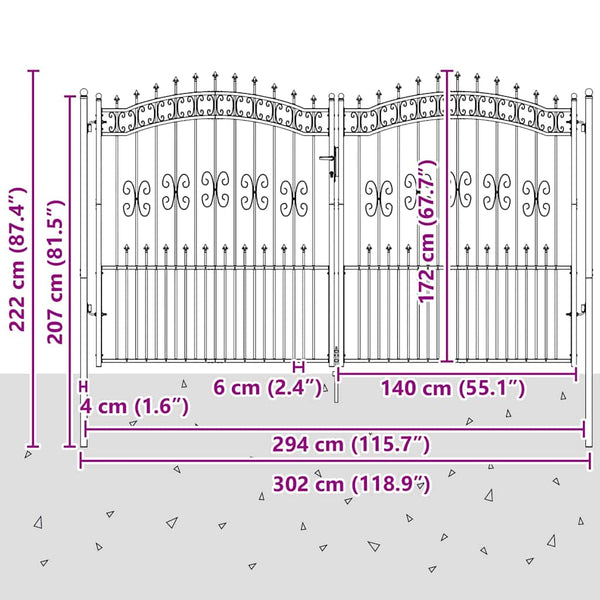 Graues Stahl Zauntor 305x175cm mit Speer-Top