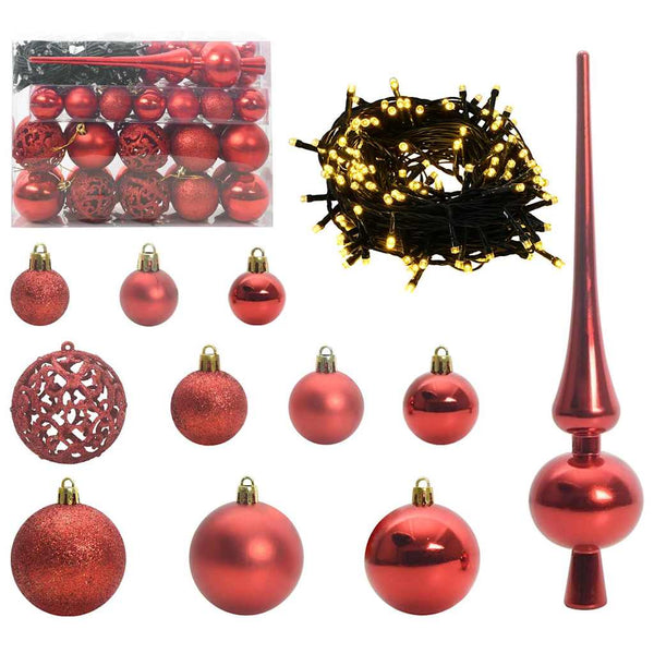 Weihnachtskugel Set mit LEDs, 61-teilig, Rot