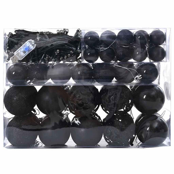 Weihnachtskugel Set mit LEDs, Schwarz, 61-teilig