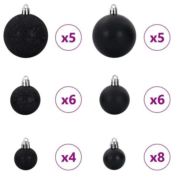 Weihnachtskugel Set mit LEDs, Schwarz, 61-teilig