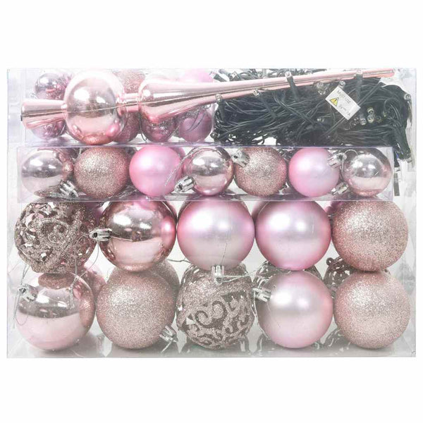 Rosa Weihnachtskugel Set mit LEDs, 61-teilig