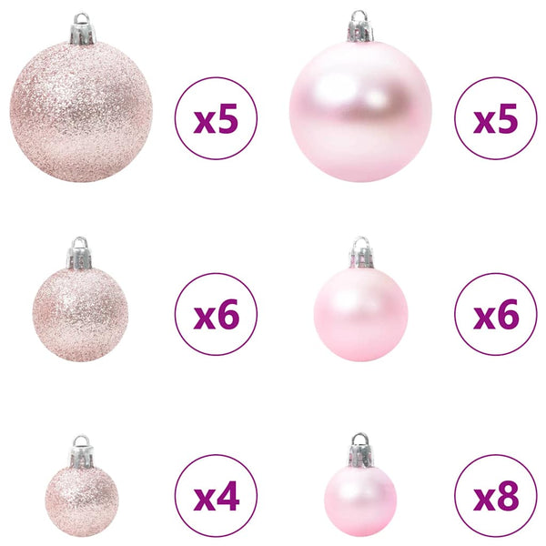 Rosa Weihnachtskugel Set mit LEDs, 61-teilig