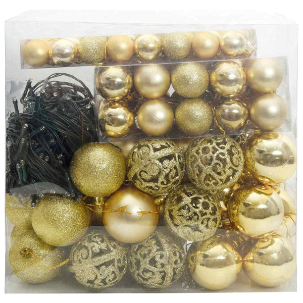 Weihnachtskugel Set mit LEDs Gold 120-teilig