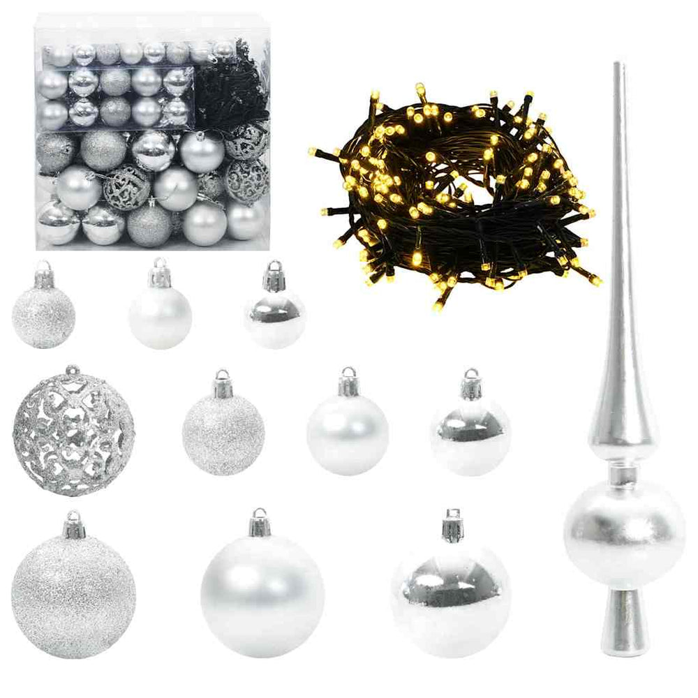 Weihnachtskugel Set mit LEDs Silber 120-teilig