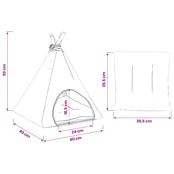 vidaXL Tipi pour animaux de compagnie avec coussin blanc et gris 40 x 40 x 50 cm