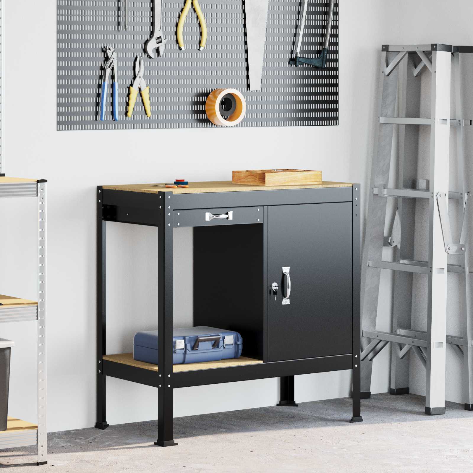 Werkbank mit Regal Schwarz 90x49x91cm