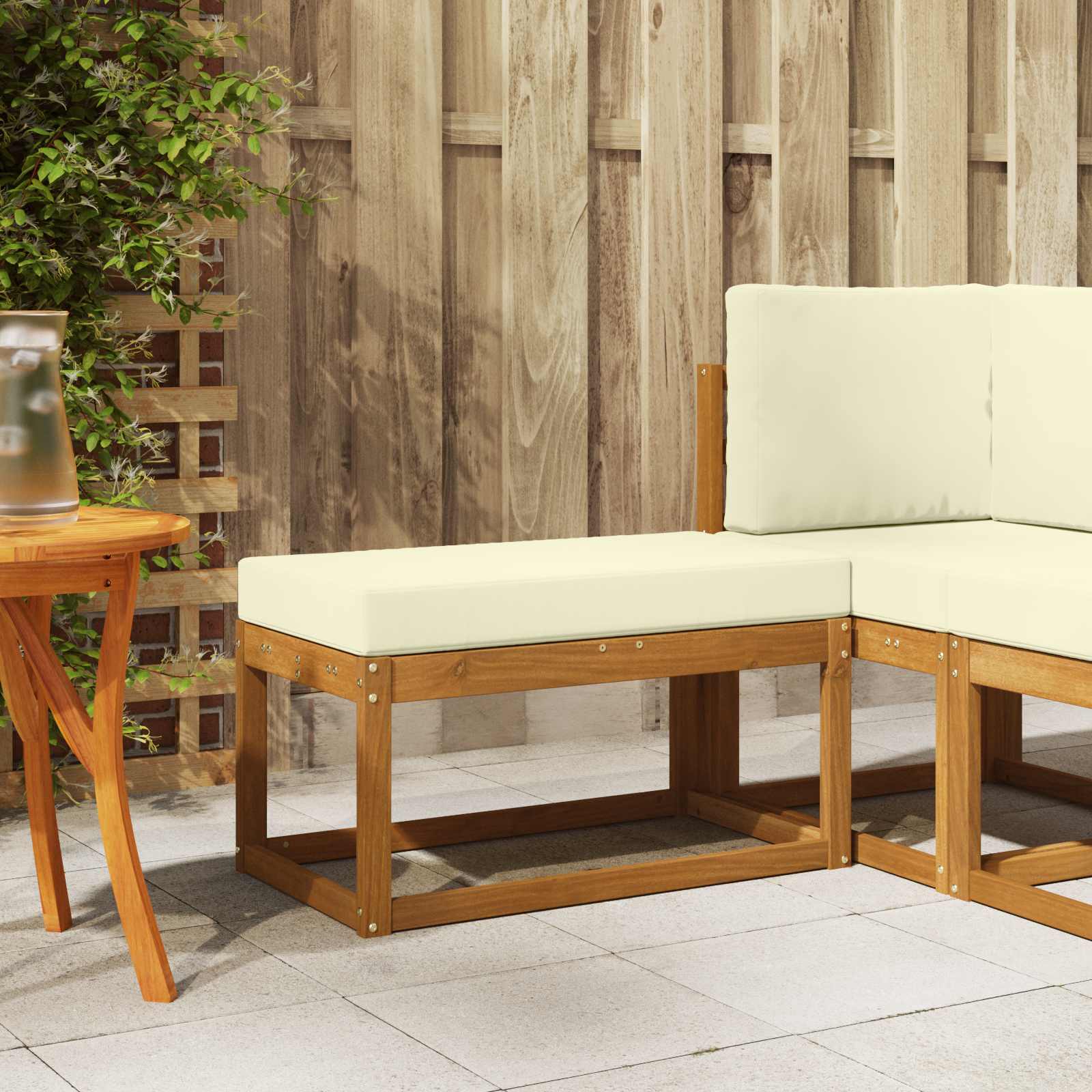 Outdoor Hockerbank mit Kissen, Natur/Creme