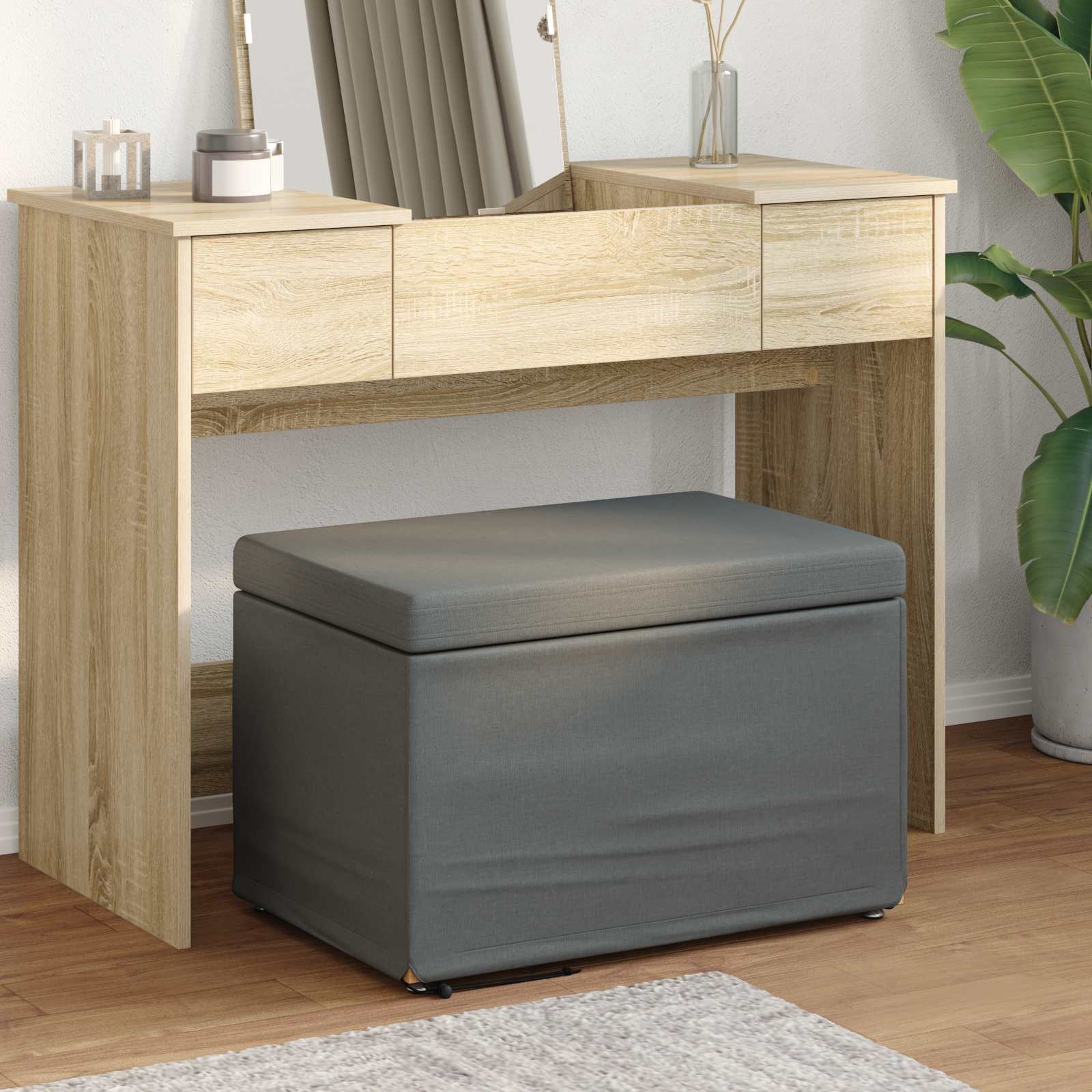 Dunkelgrauer Hocker Stoff & Holz 61x41x40cm