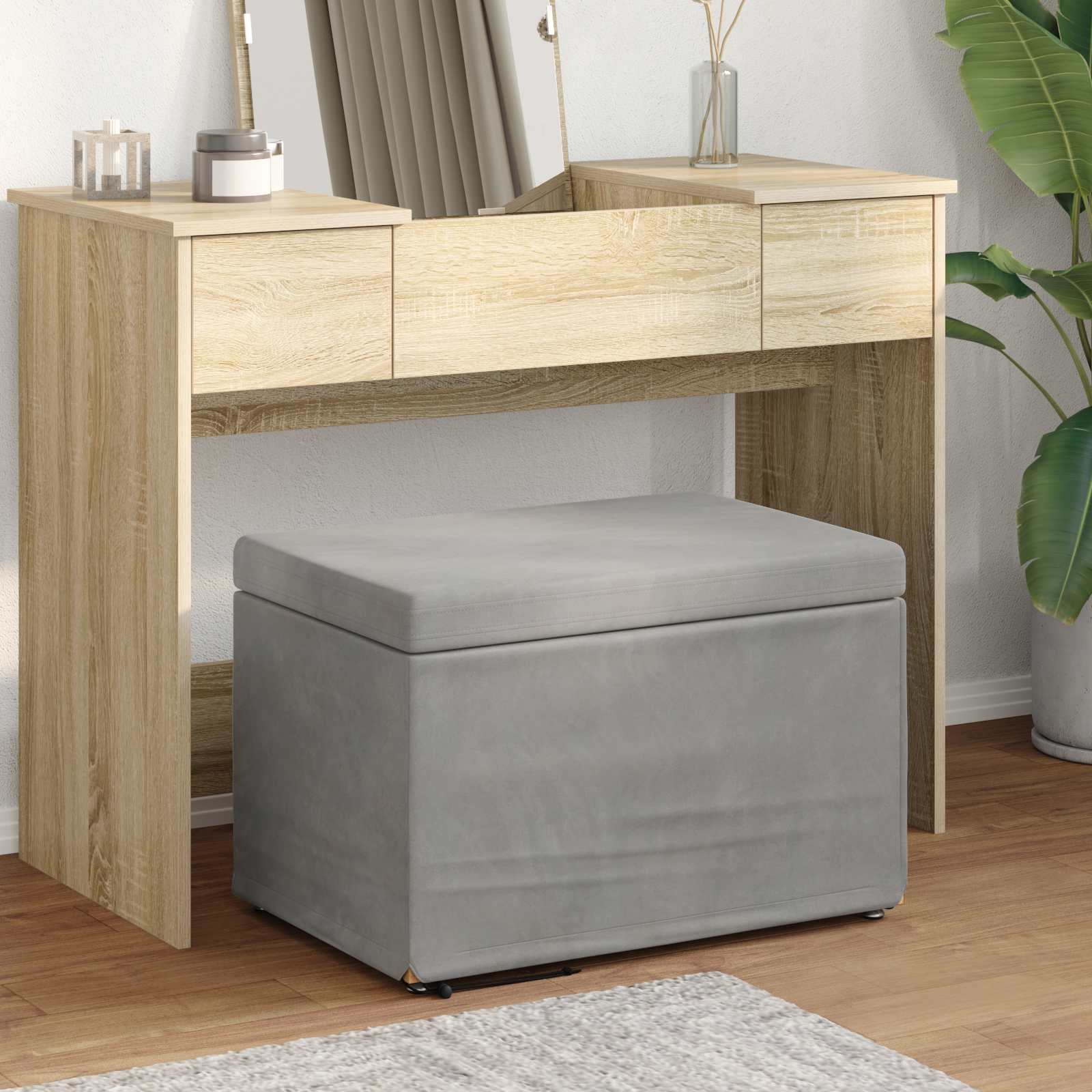 Hellgrauer Samt Hocker 61x41x40cm