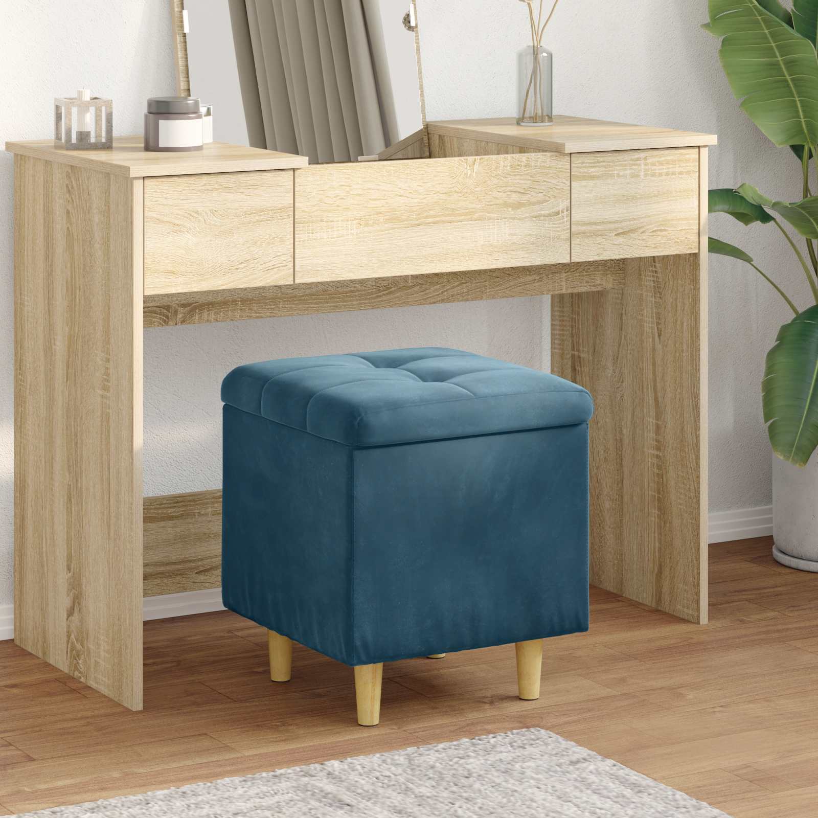Blaue Samt Aufbewahrungsottomane mit Kissen