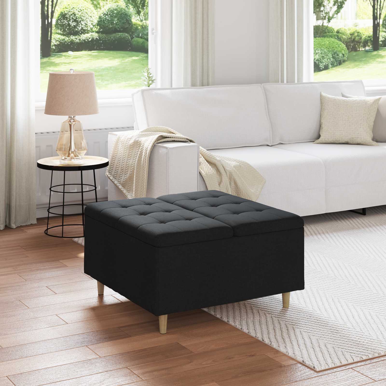 Schwarze Aufbewahrungsottomane mit Kissen 80x80x45cm