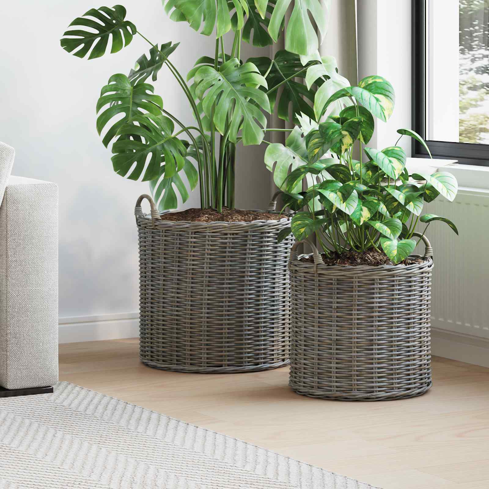 Graue Rattan Blumentopf Körbchen 2er-Set