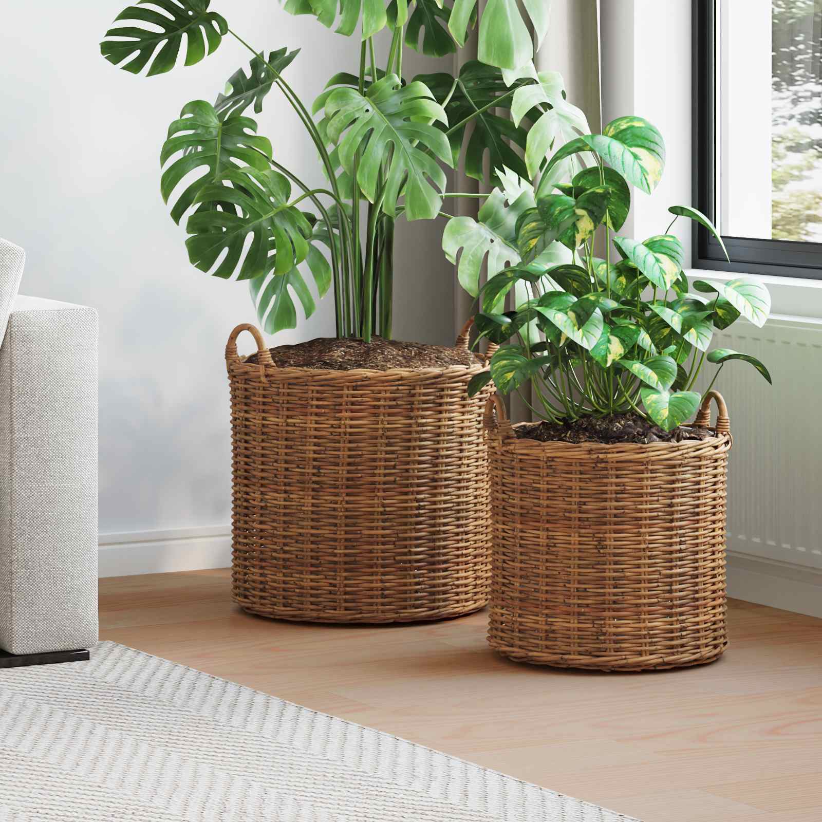 Blumentopf Körbchen 2er Set Braun Rattan