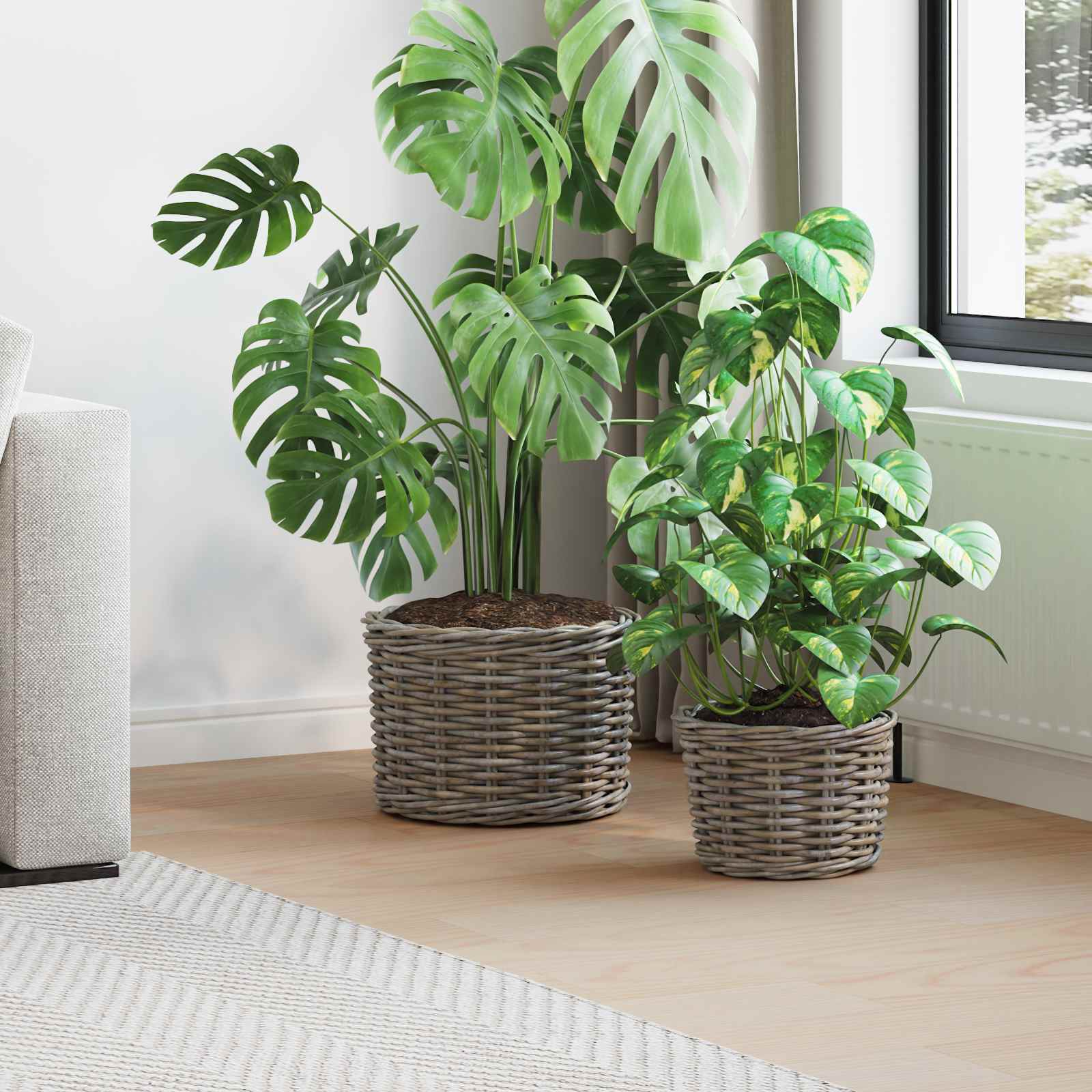 Graue Kubu Rattan Blumentopf Körbe, 2er-Set