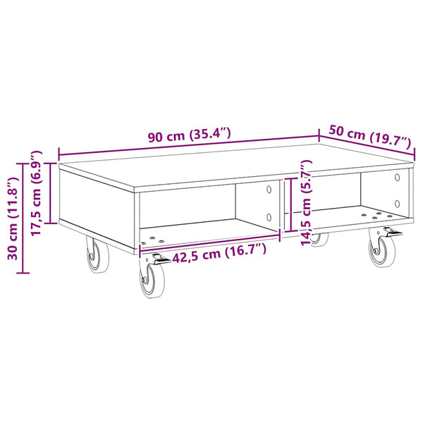 vidaXL Table d'appoint avec roulettes Blanc 90 x 50 x 30 cm Bois d'ingénierie