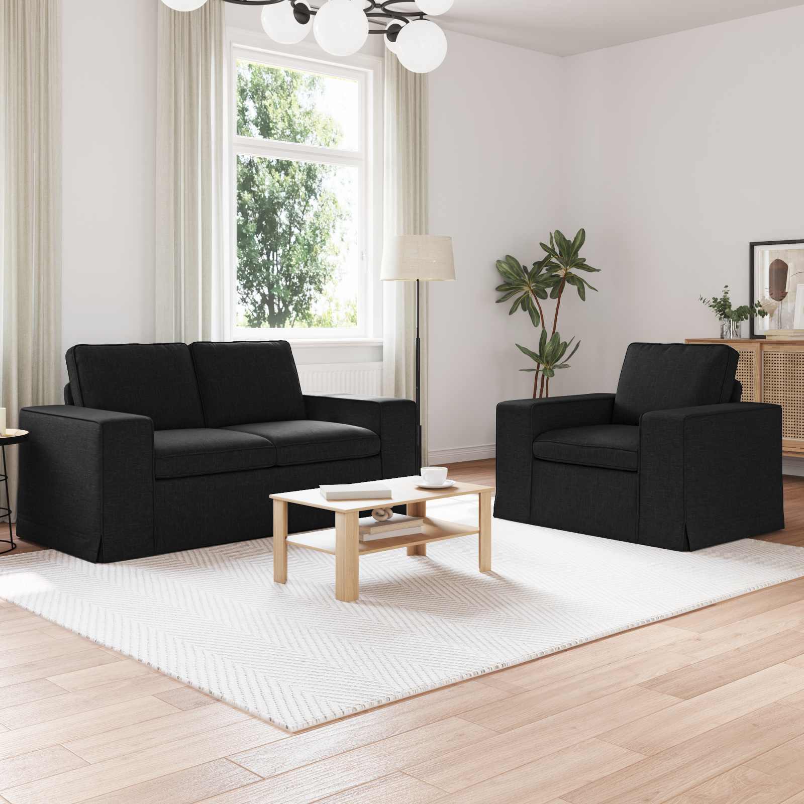Schwarzes 2-teiliges Stoffsofa-Set