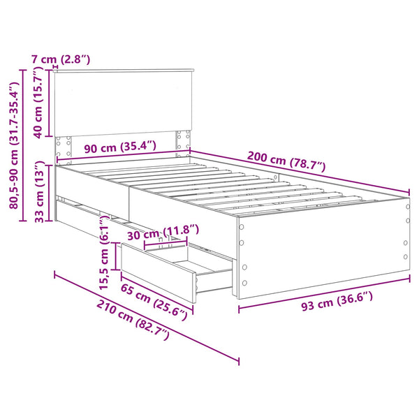 Bettrahmen Weiß 90x200 cm mit Schubladen