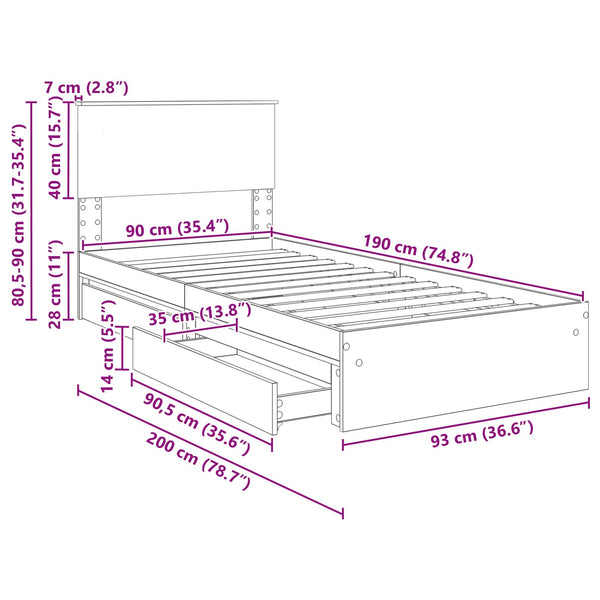 Aufbewahrungsbett 90x190 cm Braun Eiche