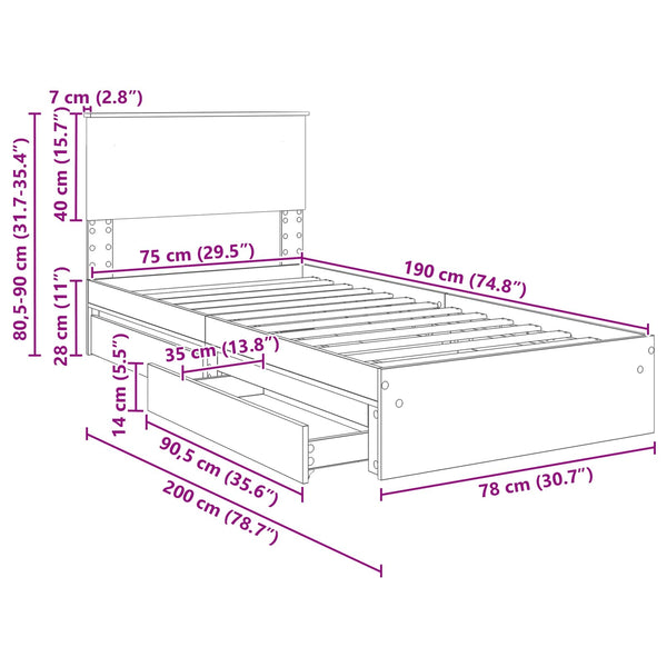 Stauraumbett Sonoma-Eiche 75x190 cm