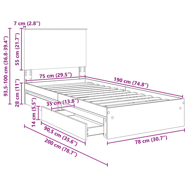 Stauraumbett Beton Grau 75x190 cm