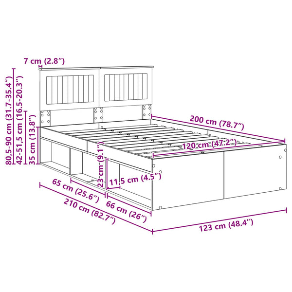 Bettrahmen 120x200 Braun Eichen-Optik Kiefernholz