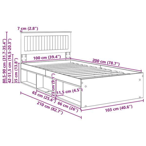 Bettrahmen 100x200 Braun Eiche Massivholz Kiefer