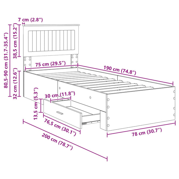 Bettrahmen 70x190 cm Beton Grau/Silber