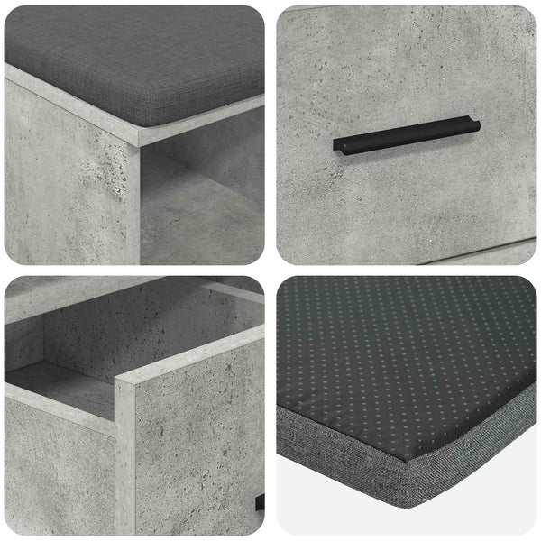 Flurbank Betongrau mit Kissen und Schubladen