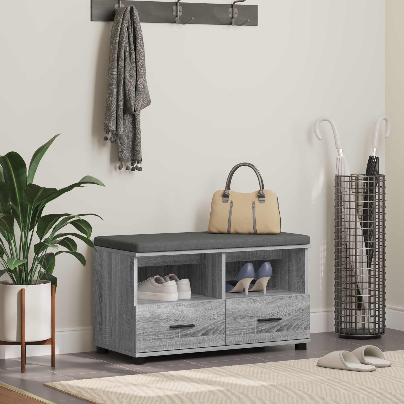 Flurbank Grau Sonoma mit Kissen und Regal