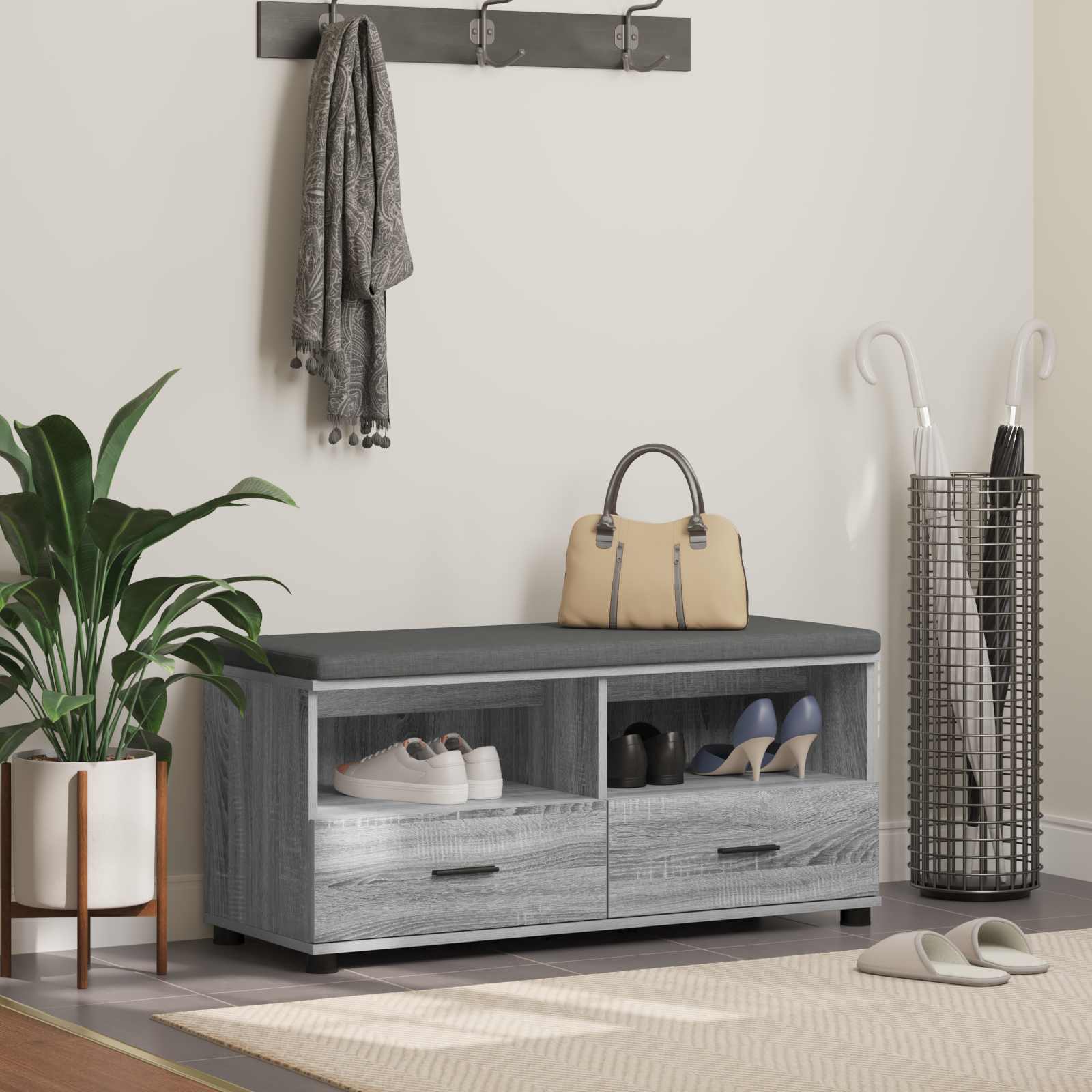 Flurbank Grau Sonoma mit Kissen & Regal
