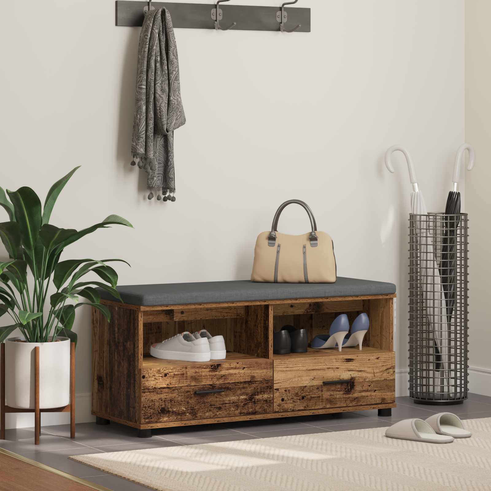 Flurbank Altholz mit Kissen & Schubladen 100cm