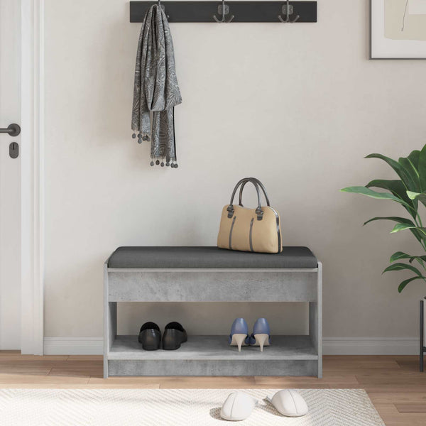 Flurbank Betongrau mit Kissen & Regal