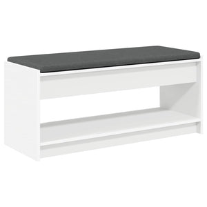 Weiße Flurbank mit Kissen und Regal