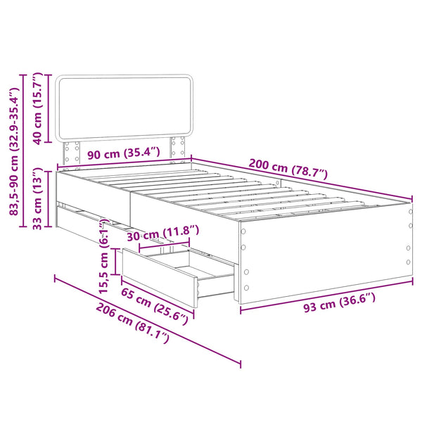 Bettrahmen Schwarz 90x200 cm mit Schubladen