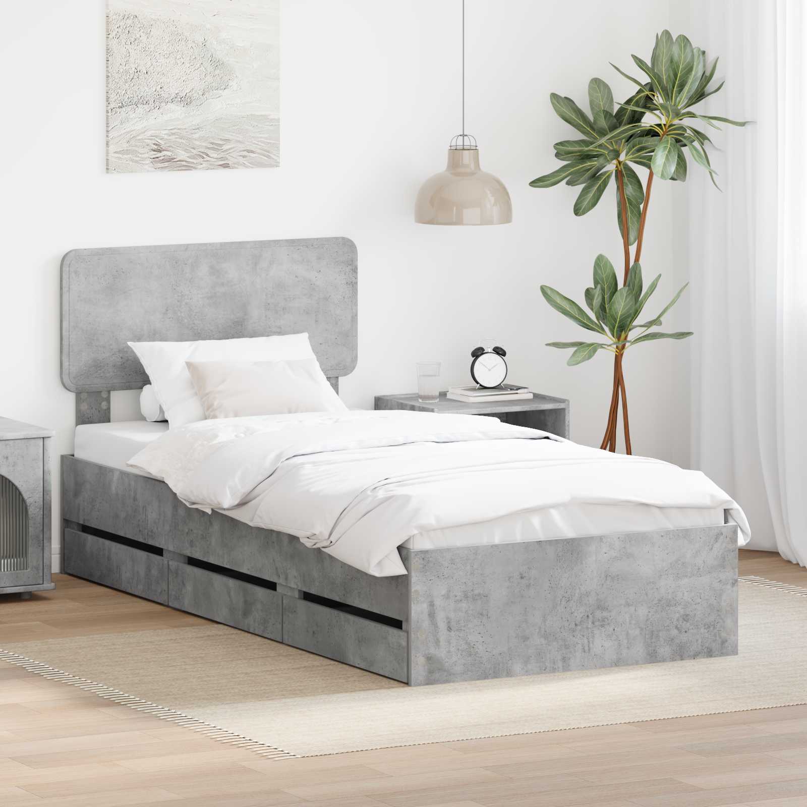 Bettrahmen Betongrau 90x190 cm mit Schubladen
