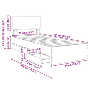 Bettrahmen Betongrau 75x190 cm mit Schubladen