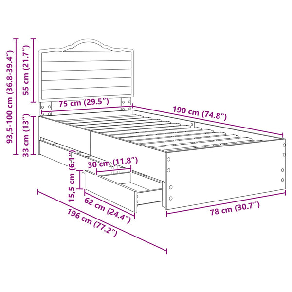 Bettrahmen mit Schubladen 75x190 Betongrau
