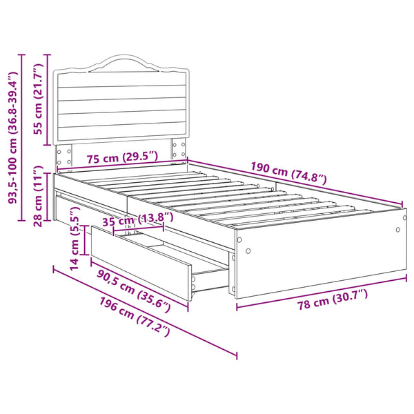 Stauraumbett Weiß 70x190 cm mit Schubladen
