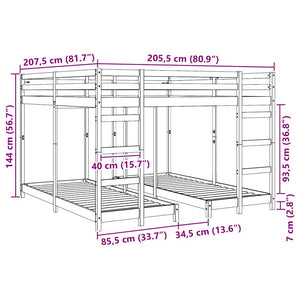 Dreifach Etagenbett 80/200 Kiefer massiv