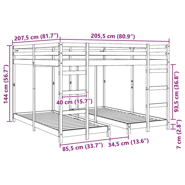 Dreifach Etagenbett 80/200 Kiefer massiv