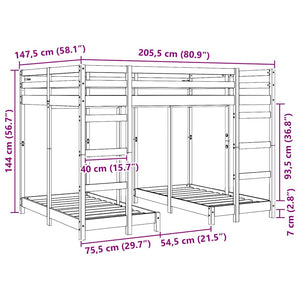 Dreifach Etagenbett 140x200 cm Weiß