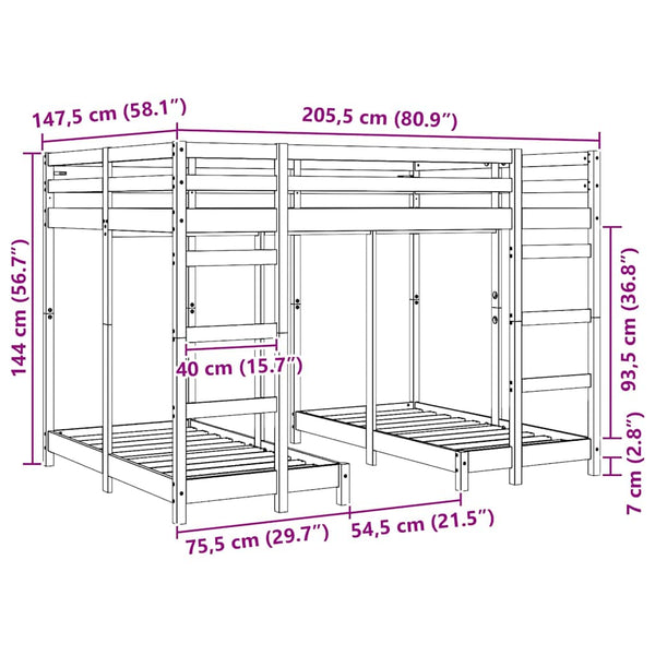 Dreifach Etagenbett 140x200 cm Weiß