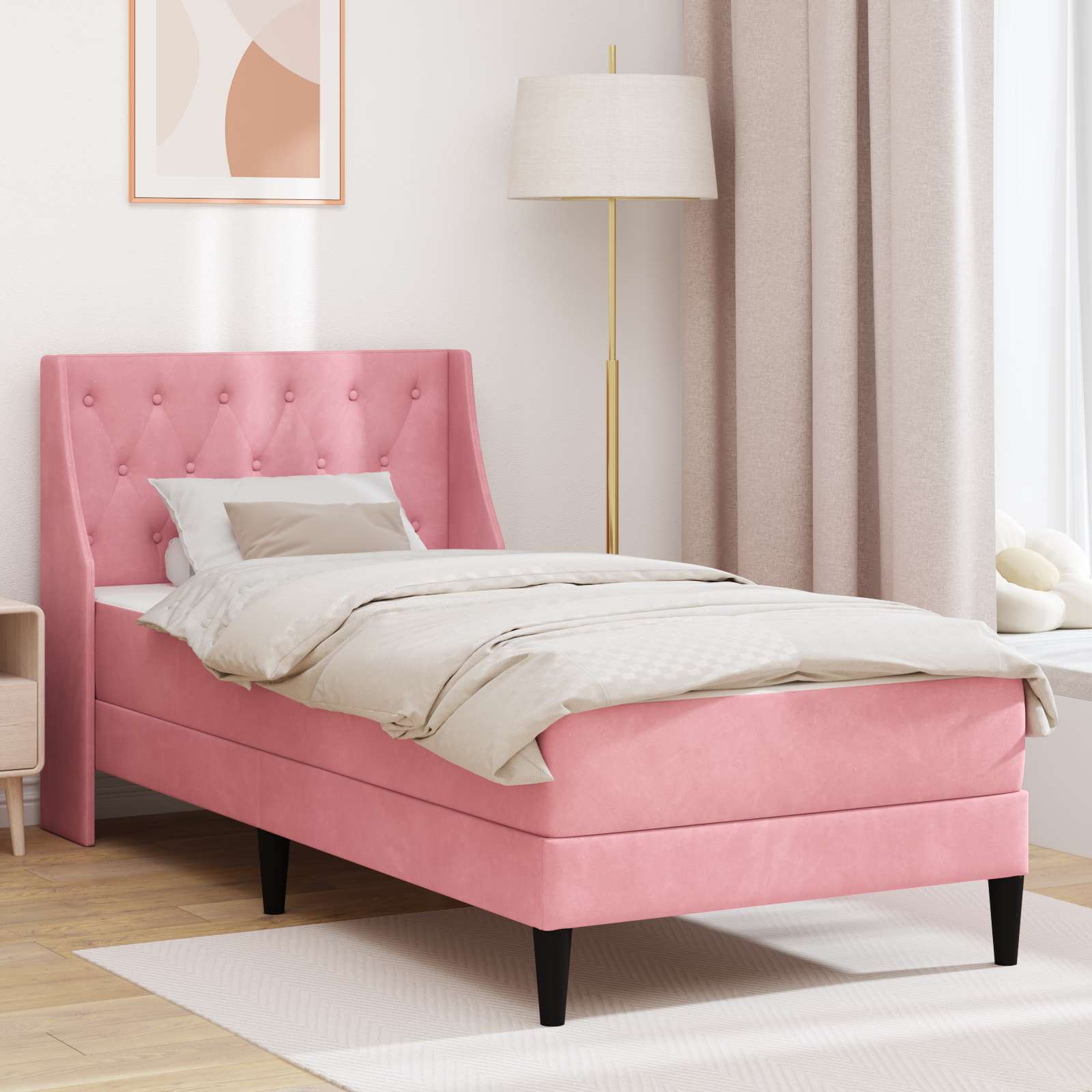 Rosa Samt Bett mit Matratze 90x200 cm