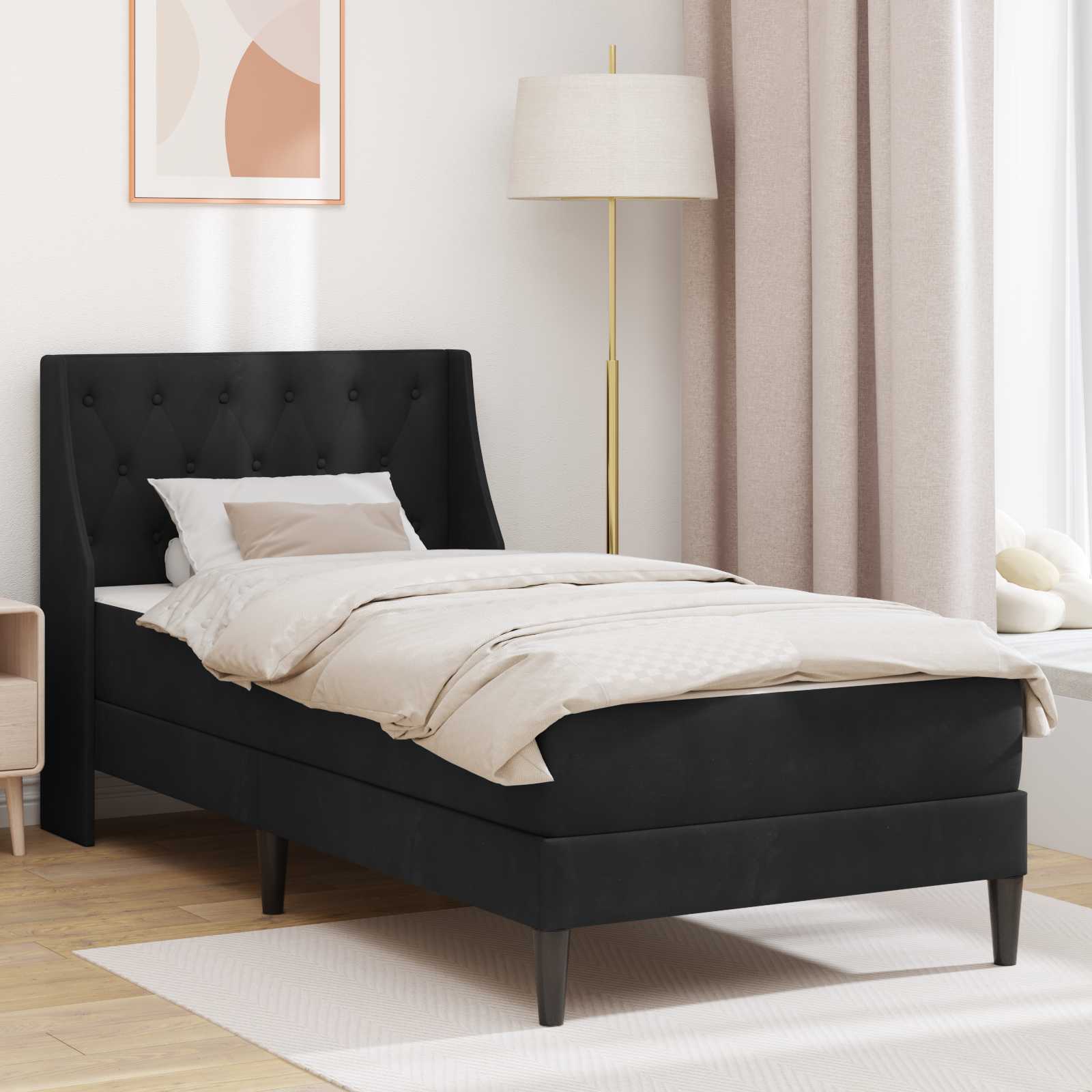 Schwarzes Samt Bettgestell mit Matratze 90x200 cm